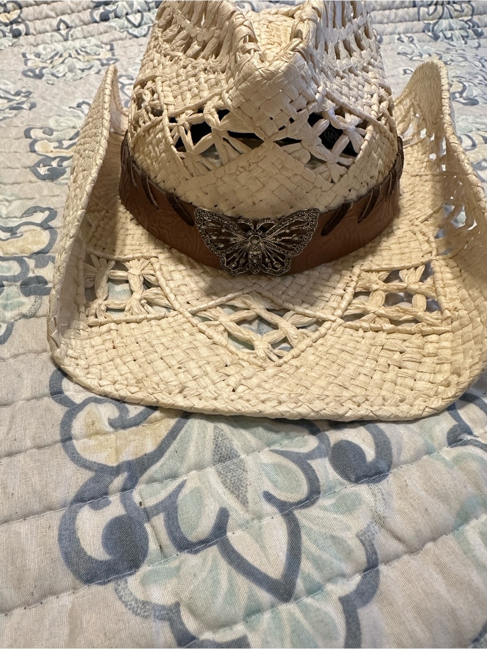 Straw Cowboy Hat with Brown Band & Silver Butterfly Accent